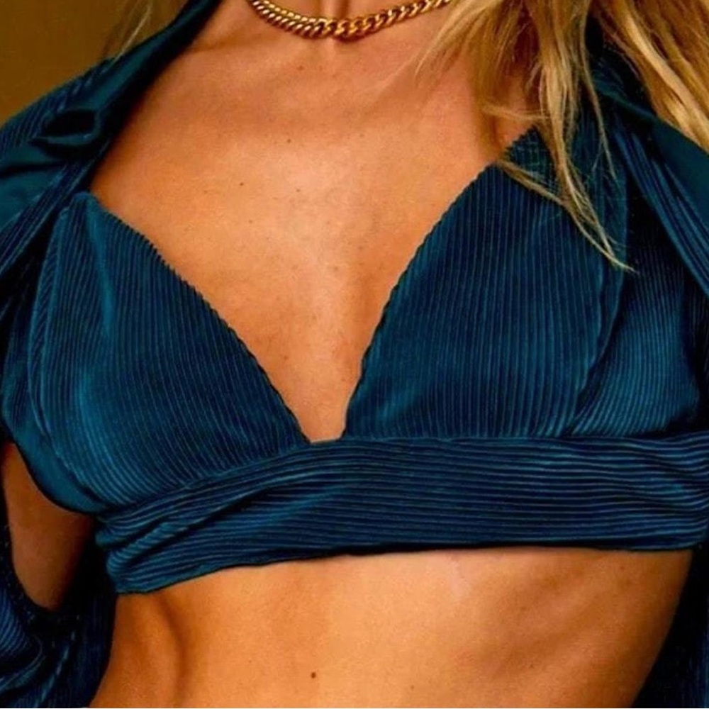 12th Tribe Blue Rib Velvet Velour V-neck Crop Corduroy Tank Top